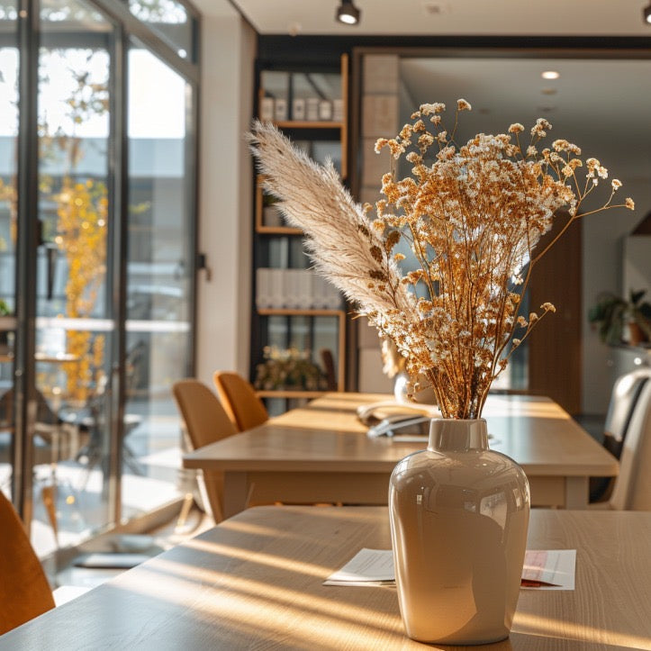 Bürozimmer mit einer Vase auf dem Schreibtisch
